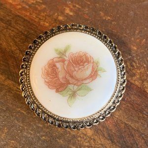 VTG Western Germany White & Pink Porcelain Rose Round Floral Brooch Pin Scarf